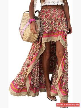 Floral Maxi Skirt with Elastic Waist High Low Ruffle Split Boho